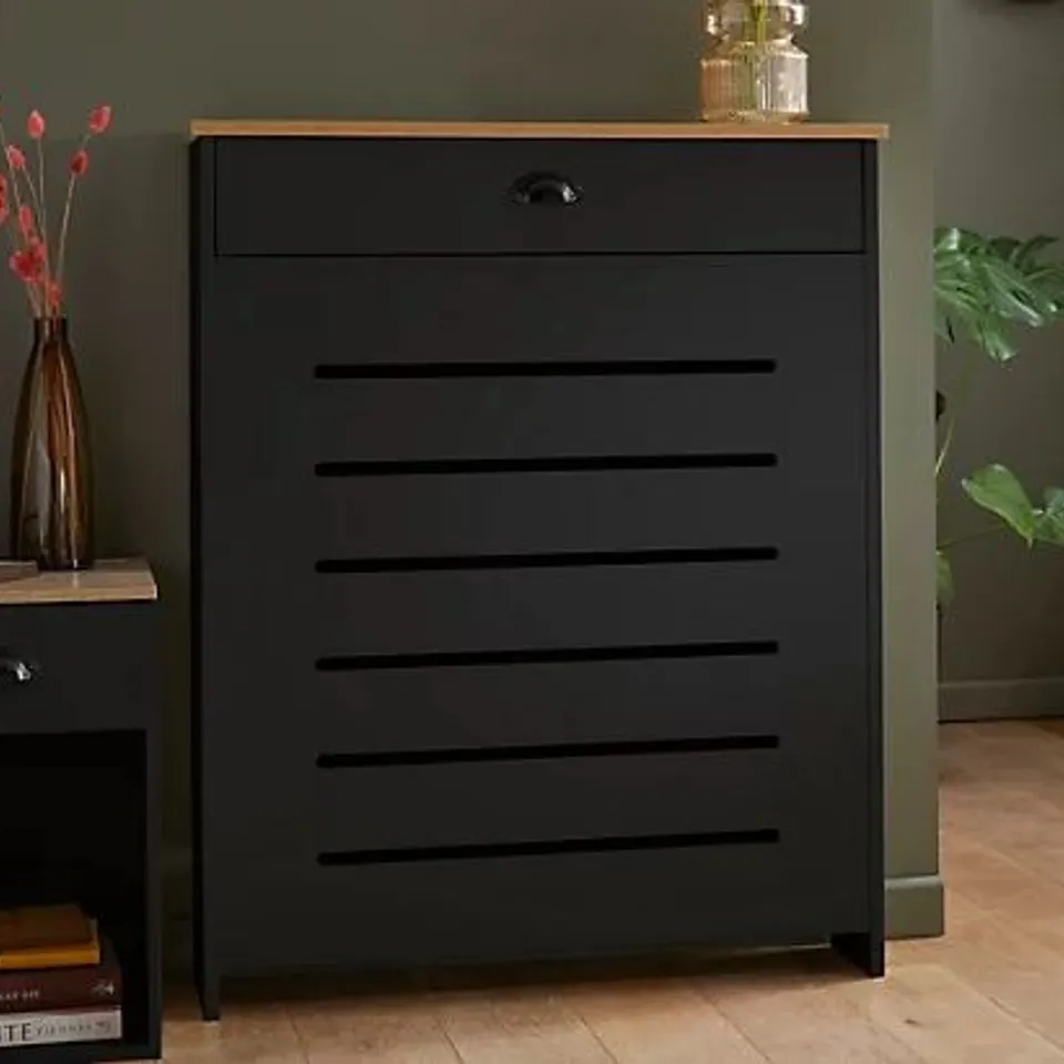 BOXED SMALL RADIATOR COVER WITH DRAWER & OAK-EFFECT TOP IN BLACK (1 BOX)