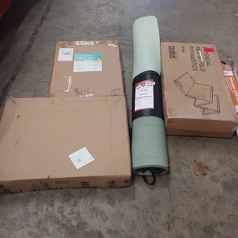 PALLET OF ASSORTED ITEMS INCLUDING: ALUMINIUM ALLOY MANHOLE COVER, TOILET SAFETY FRAME, GYMNASTICS MAT, YOGA MAT, RETRACTABLE SAFETY GATE ECT