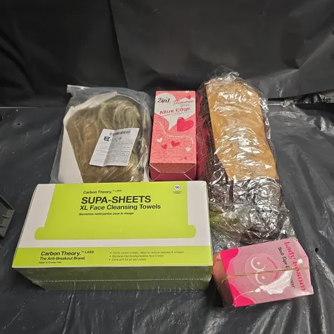 APPROXIMATELY 20 ASSORTED COSMETICS ITEMS TO INCLUDE WIGS , FACE CLEANSING TOWELS , ETC 
