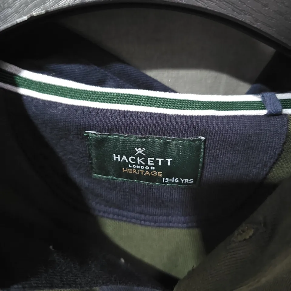 HACKETT LONDON HERITAGE POLO SHIRT – OLIVE GREEN WITH UNION JACK & VELOSPEED PATCHES, AGE 15-16 YEARS