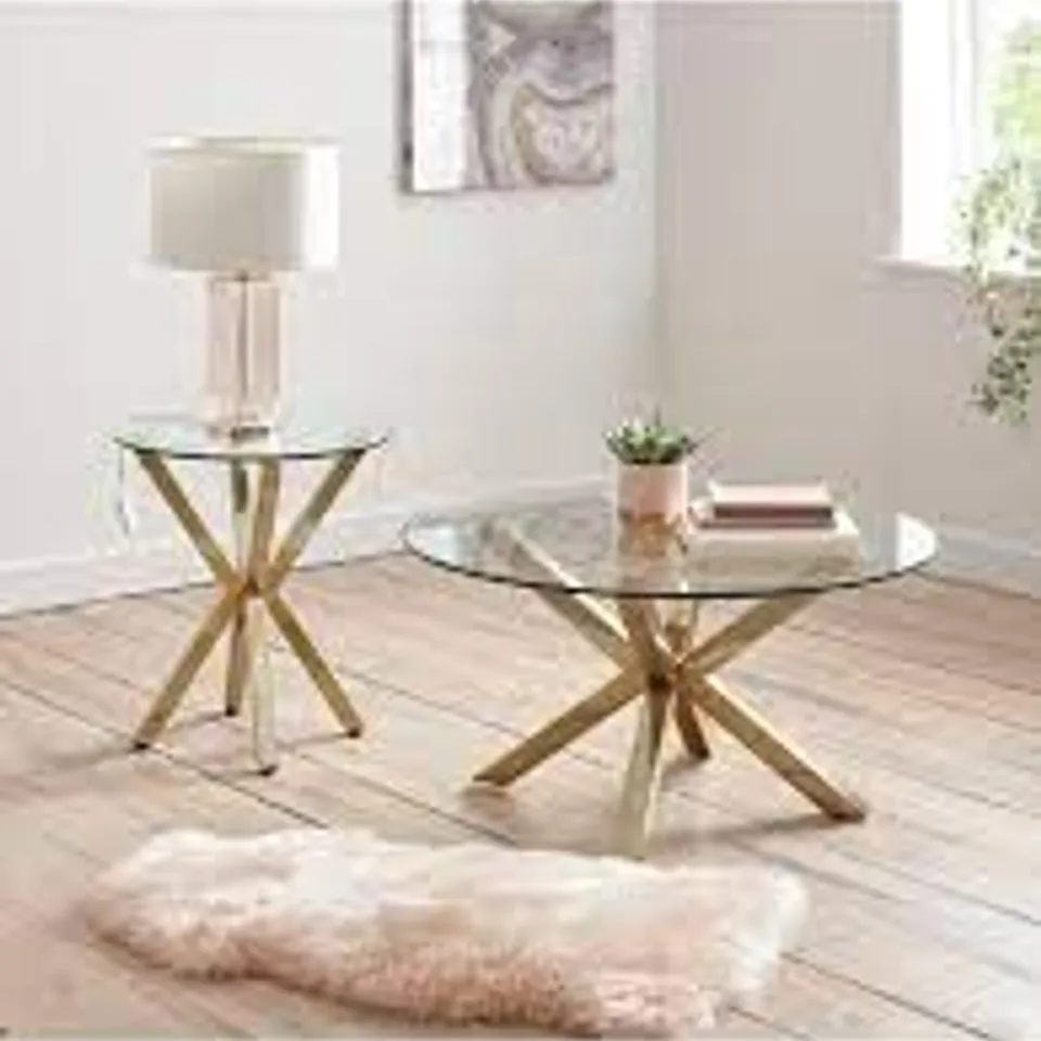 BOXED CHOPSTICK GLASS AND BRASS COFFEE TABLE (1 BOX) RRP £149.99