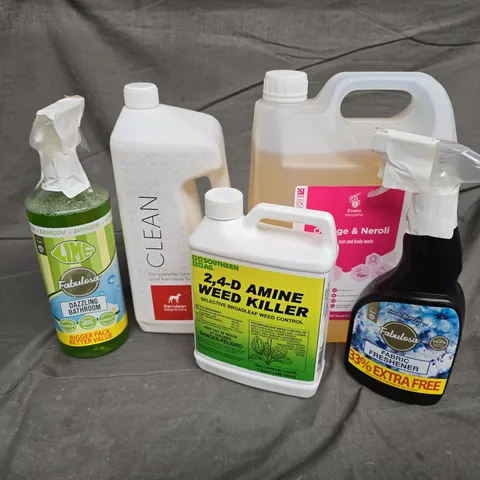 APPROXIMATELY 5 ASSORTED LIQUIDS TO INCLUDE EVANS VANODINE HAND HAIR & BODY WASH, FABULOSA FABRIC FRESHENER, AMINE WEED KILLER, ETC - COLLECTION ONLY