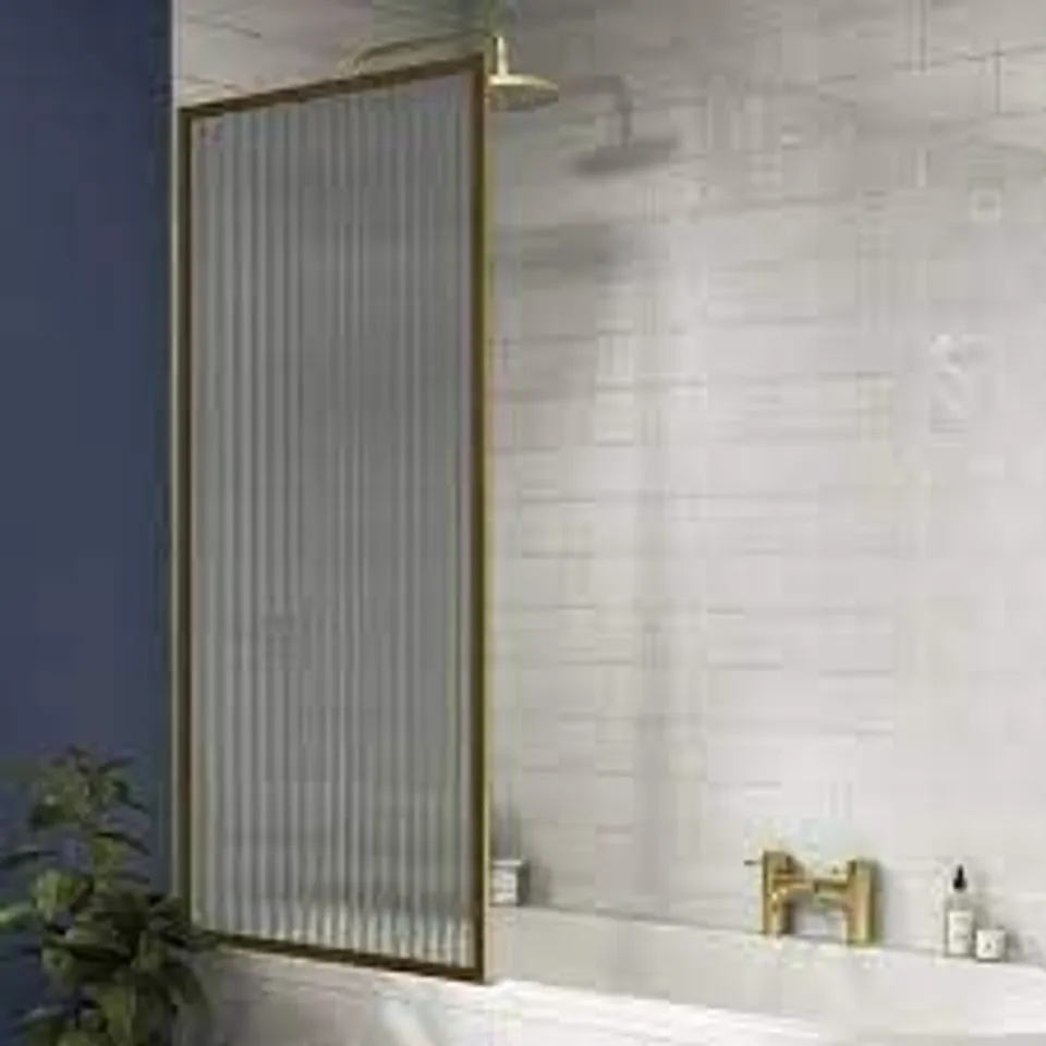 AREZZO FLUTED 1400X700 GLASS SCREEN BRUSHED BRASS SHOWER SCREEN