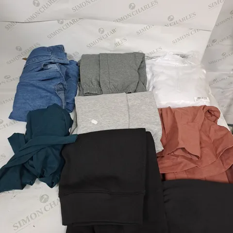 LARGE BOX OF ASSORTED CLOTHING ITEMS IN VARIOUS COLOURS AND SIZES INCLUDING TROUSERS , TOPS AND JUMPERS