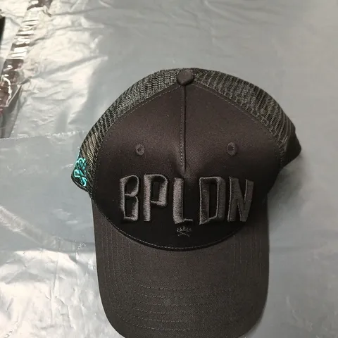BLACK TRUCKER CAP WITH MESH BACK AND TEAL SLOGAN EMBROIDERY