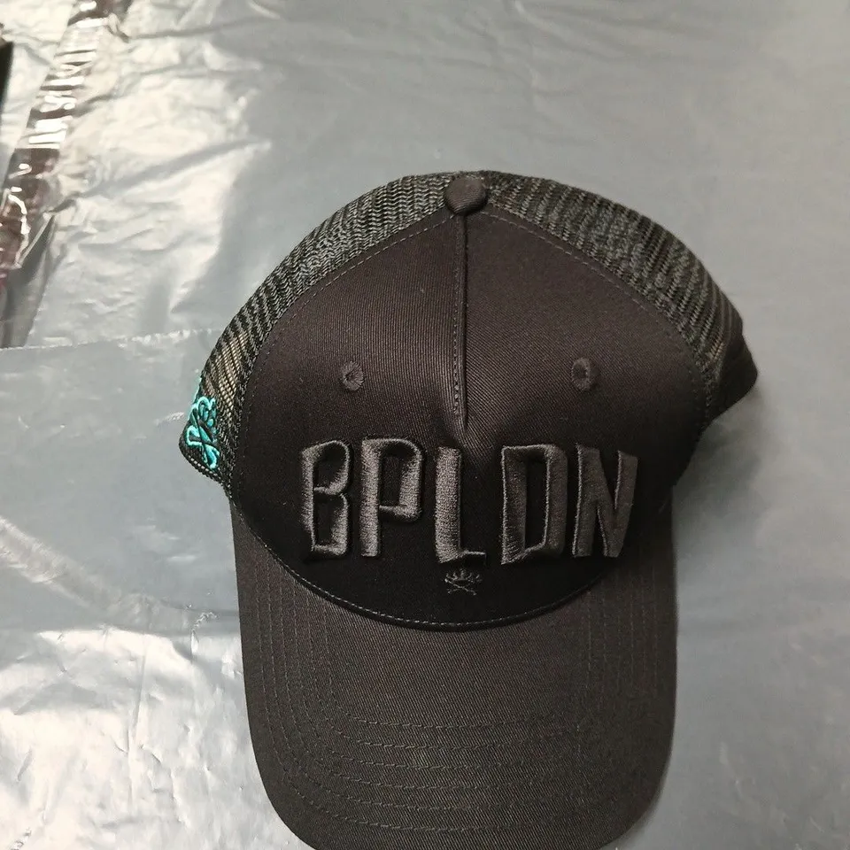 BLACK TRUCKER CAP WITH MESH BACK AND TEAL SLOGAN EMBROIDERY