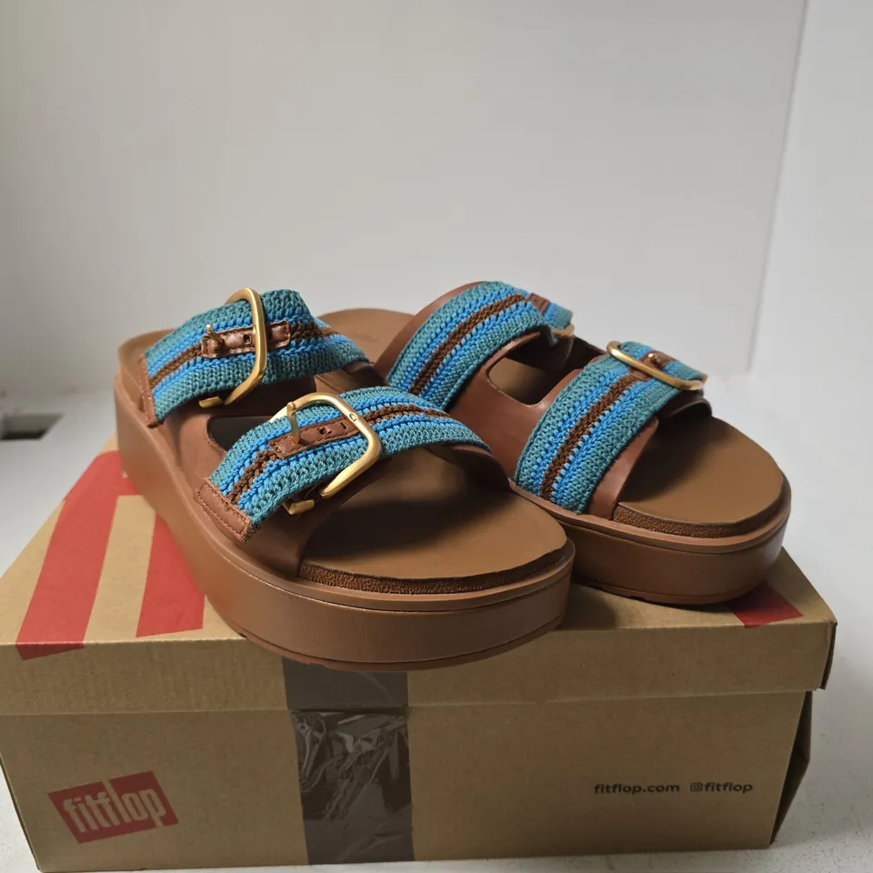 FIT FLOP MAX BUCKLE TWO BAR SLIDES DEEP TAN/TEAL UK 8 BOXED