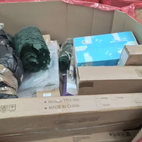 PALLET CONTAINING VARIOUS ASSORTED BOXED HOUSEHOLD ITEMS TO INCLUDE: PRIVACY FENCING, TODDLER TOWER, LED BATTEN LIGHT, CAMPING CHAIR AND LOTS MORE UNMARKED BOXED ITEMS