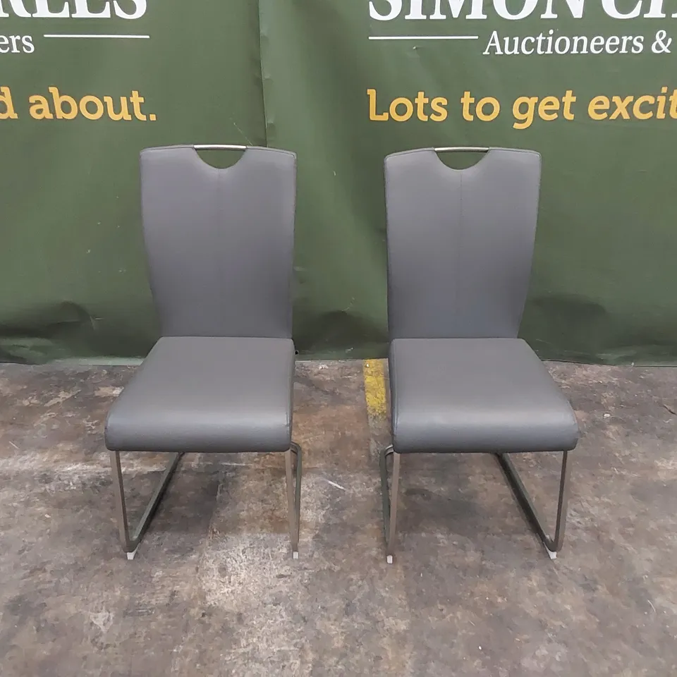 SET OF 2 DESIGNER CHARCOAL GREY LEATHER DINING CHAIRCWITH METAL LEGS 