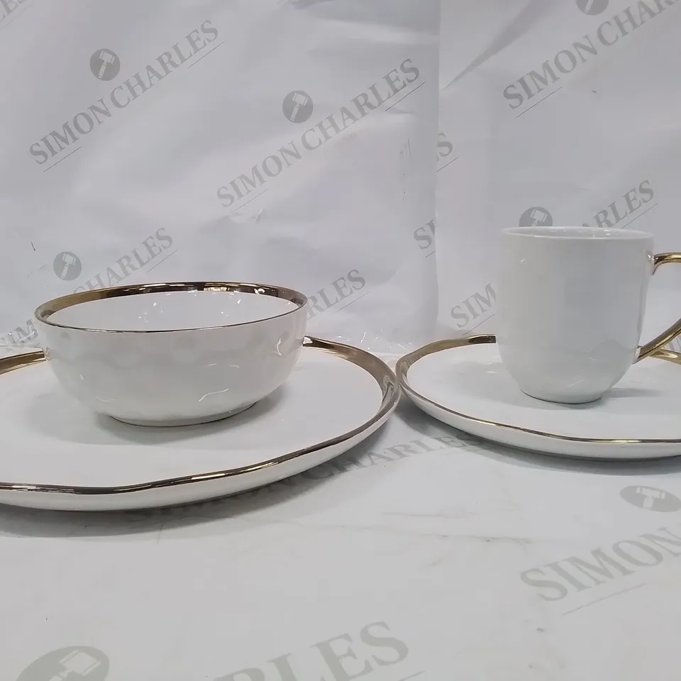 LOVECASA SET OF WHITE & GOLD PLATES, CUPS & BOWLS 
