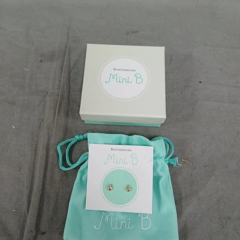 BEAVERBROOKS MINI B SILVER AND ROSE GOLD PLATED LADYBIRD STUD EARRINGS – 925 STAMP, BOXED