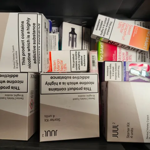APPROXIMATELY 20 ASSORTED E-CIGARETTE PRODUCTS TO INCLUDE BRANDS SUCH AS NO SAINT, LOST MARY, JUUL2, ETC - COLLECTION ONLY