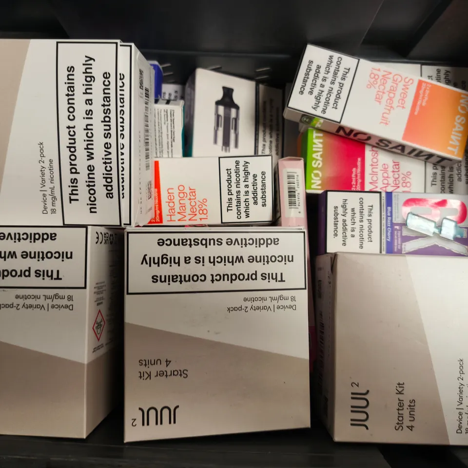 APPROXIMATELY 20 ASSORTED E-CIGARETTE PRODUCTS TO INCLUDE BRANDS SUCH AS NO SAINT, LOST MARY, JUUL2, ETC - COLLECTION ONLY