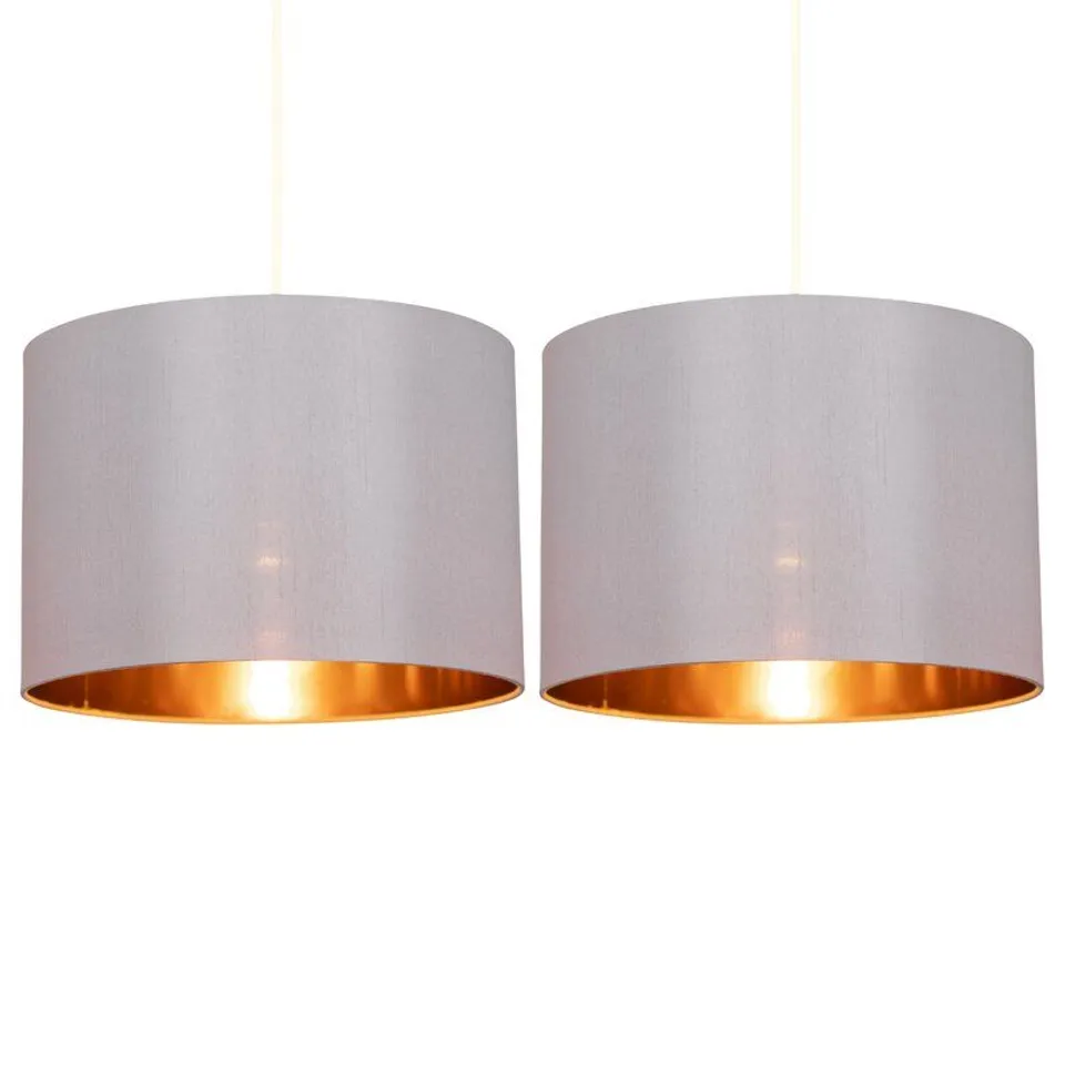 BOXED 30CM SILK DRUM PENDANT - GREY/COPPER FINISH
