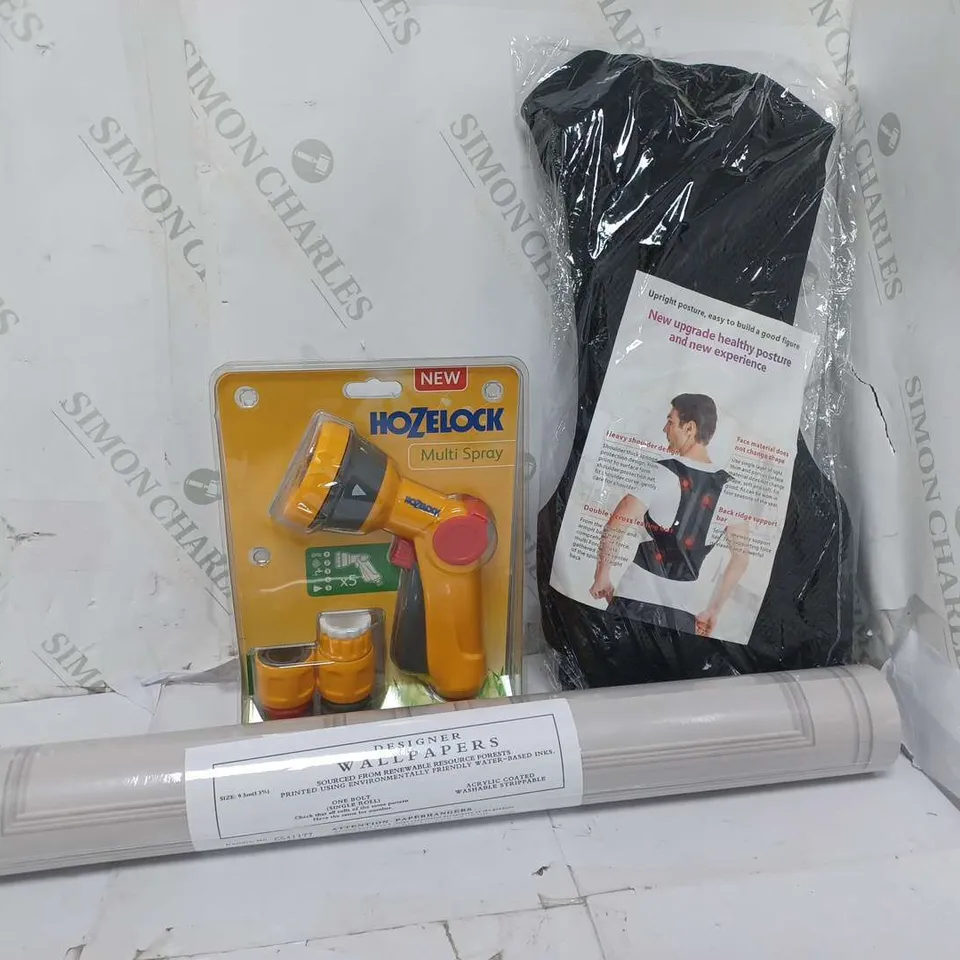 APPROXIMATELY 15 ASSORTED HOUSEHOLD ITEMS TO INCLUDE DESIGNER WALLPAPER, HOZELOCK MULTISPRAY, POSTURE VEST, ETC