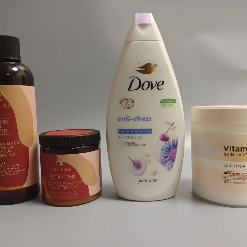 LOT OF APPROXIMATELY 20 COSMETICS ITEMS TO INCLUDE CASTOR OIL ANTI - STRESS BODY WASH , VITAMIN E BODY CREAM  , ETC  