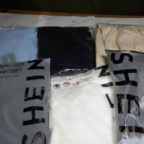 BOX OF ASSORTED CLOTHING ITEMS TOO INCLUDE JUMPERS, SHIRTS AND TROUSERS IN VARIOUS SIZES AND COLOURS   