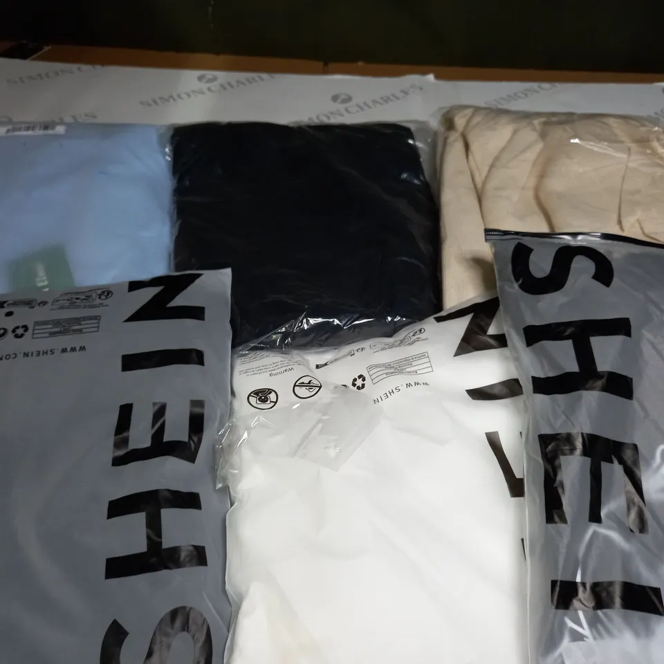 BOX OF ASSORTED CLOTHING ITEMS TOO INCLUDE JUMPERS, SHIRTS AND TROUSERS IN VARIOUS SIZES AND COLOURS   