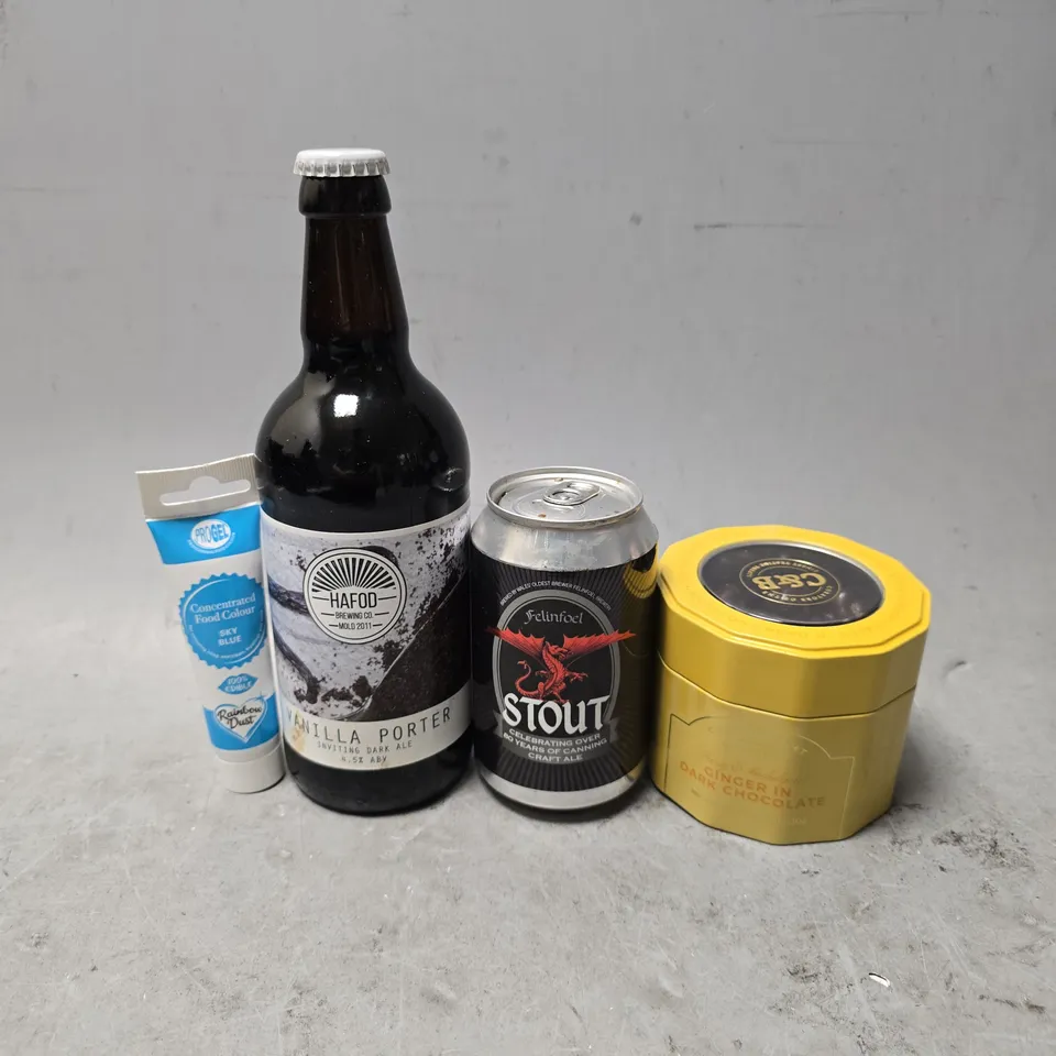 APPROXIMATELY 10 ASSORTED FOOD & DRINK ITEMS TO INCLUDE - HAFOOD VANLLA PORTER DARK ALE , FOOD COLOUR SKY BLUE , GINGER IN DARK CHOCOLATE ETC