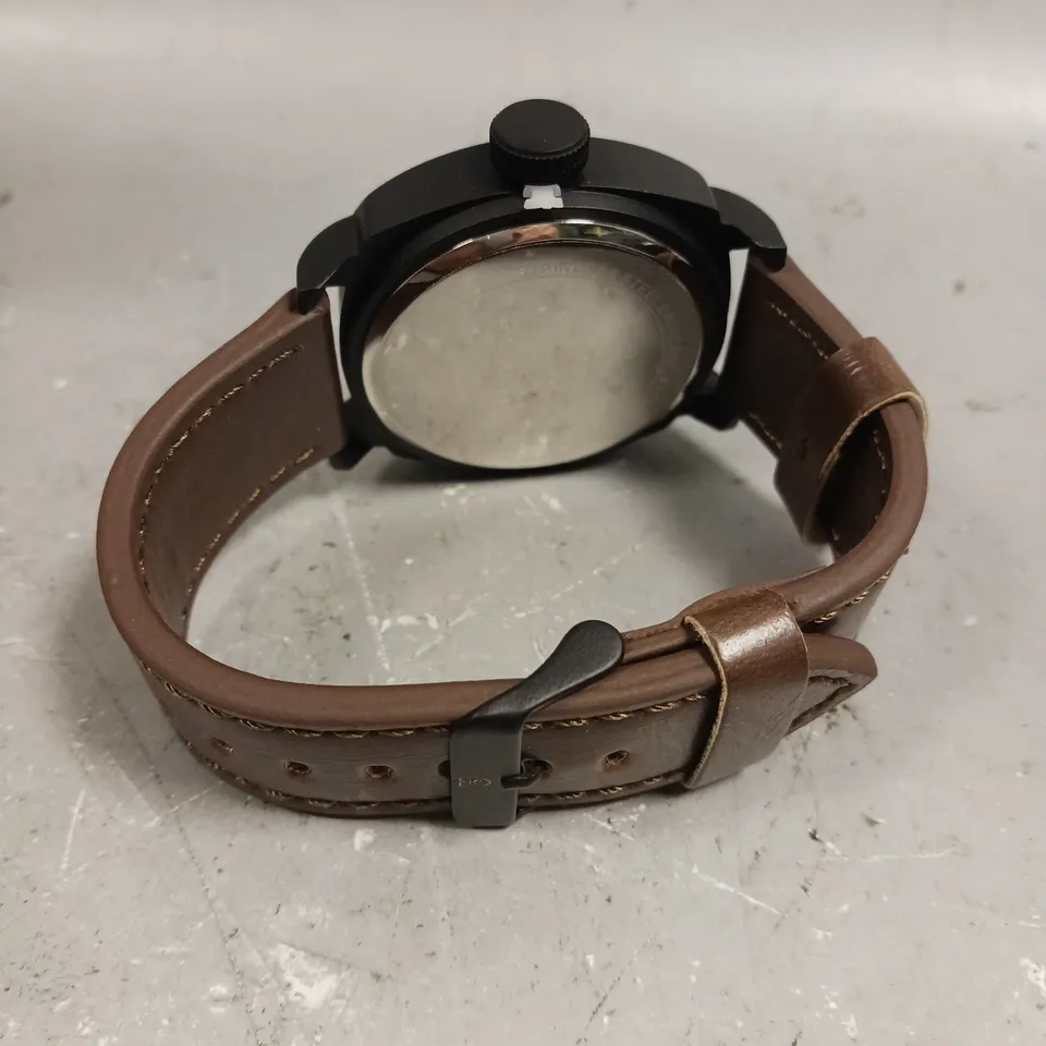 MENS FRANK SCHMIDT WATCH – LARGE BLACK CASE – BLACK PILOT DIAL – BROWN LEATHER STRAP