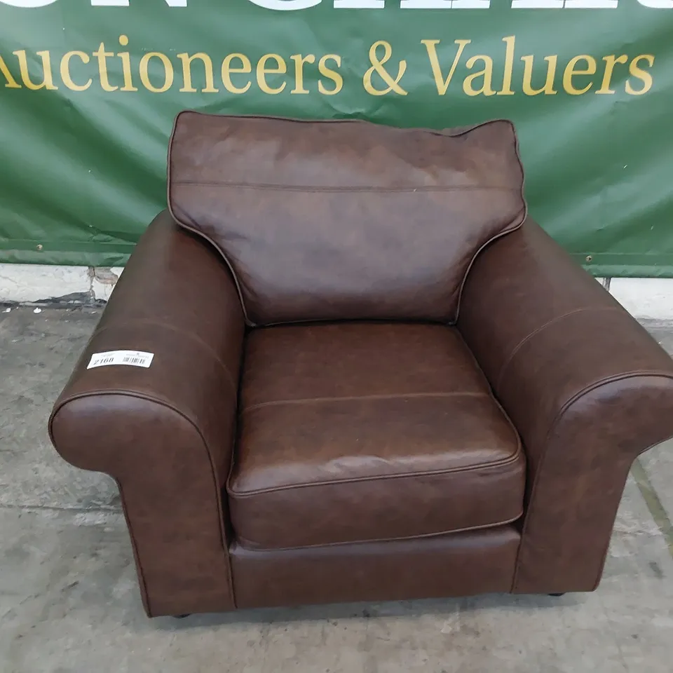 QUALITY BRITISH DESIGNER LOUNGE Co. SCROLL ARM EASY CHAIR BROWN LEATHER 