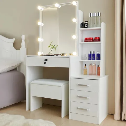 BOXED AZORE MODERN DRESSING TABLE WITH LED BULB MIRROR, STORAGE DRAWERS AND STOOL (2 BOXES)