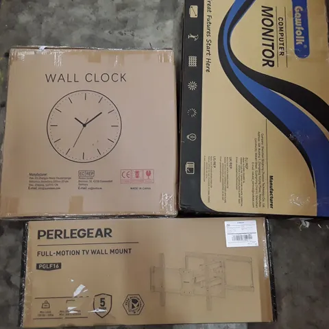 PALLET TO CONTAIN AN ASSORTMENT OF HOUSEHOLD ITEMS TO INCLUDE TV WALL MOUNT, WALL CLOCKS COMPUTER MONITOR AND BAGS ECT