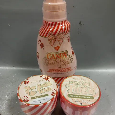 APPROXIMATELY 3 ASSORTED SEALED PLOUISE PRODUCTS TO INCLUDE - CANDY CLEANSE BATH SOAK - FROSTED PEPPERMINT BODY BUTTER - YOU SCRUB UP WELL BODY SCRUB