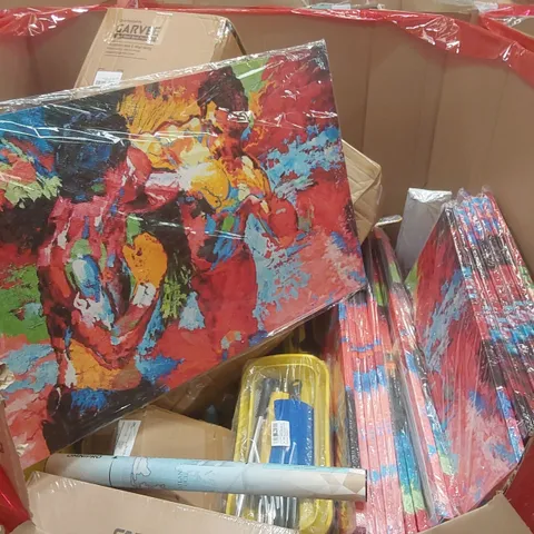 PALLET CONTAINING A LARGE QUANTITY OF ASSORTED ITEMS INCLUDING: BOXING PAINTINGS, SCRATCH WORLD MAPS, MOPS, WRENCH SET ECT