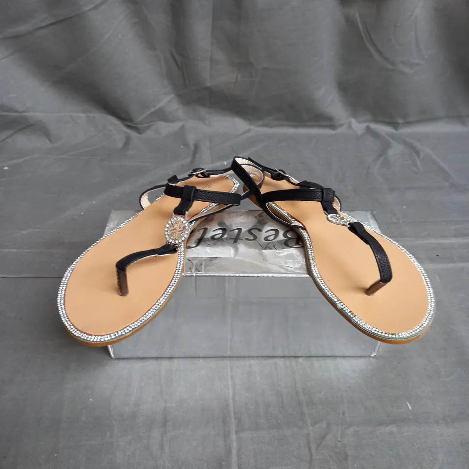 BOX OF 12 PAIRS OF BESTELLE STRAP SANDALS IN BLACK RHINESTONE - VARIOUS SIZES