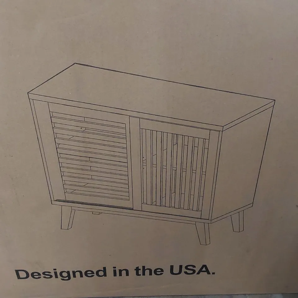 BOXED WALKER EDISON 36" SLAT DOOR ACCENT CONSOLE UNIT - BLACK/DARK WALNUT (1 BOX)