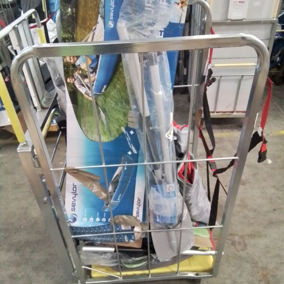 CAGE OF UNTESTED ASSORTED INFLATABLE KAYAKS AND ACCESSORIES 