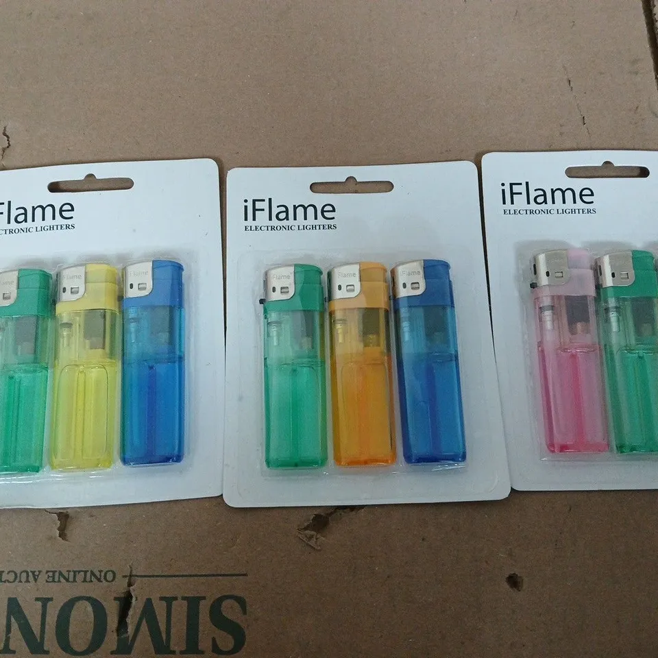 APPROXIMATELY 12 IFLAME ELECTRONIC LIGHTERS VARIED COLOURS 3 PACKS