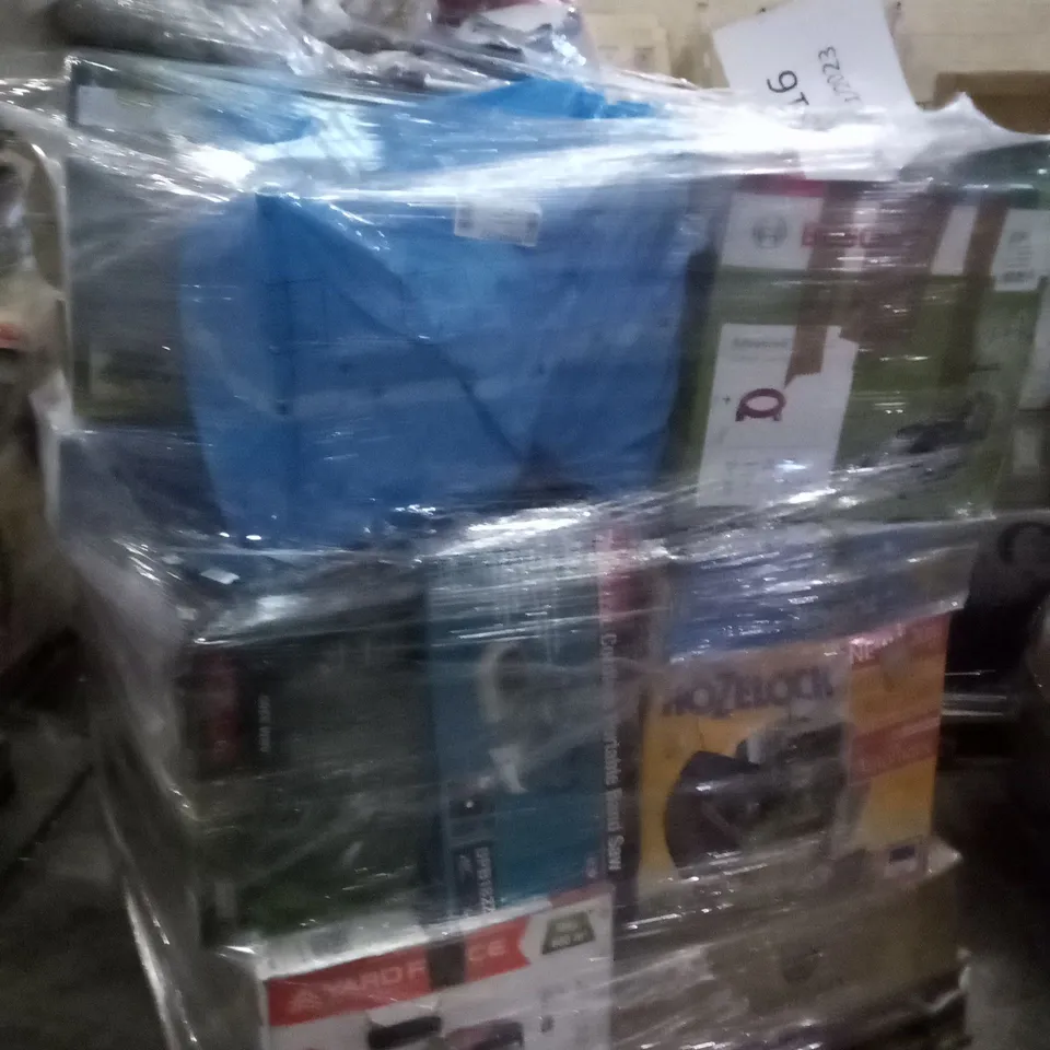 PALLET OF APPROXIMATELY 18 ASSORTED ELECTRICAL ITEMS TO INCLUDE LAWNMOWERS, GARDEN PIPES , BAND SAW 