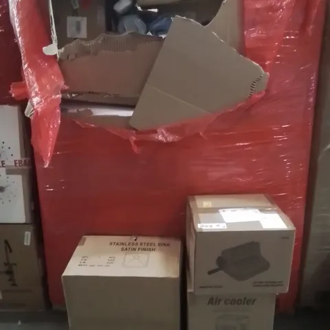 PALLET OF ASSORTED HOUSEHOLD GOODS AND PRODUCTS TO INCLUDE;AIR COOLER,DIE CUTTING MACHINE,STAINLESS STEEL SINK