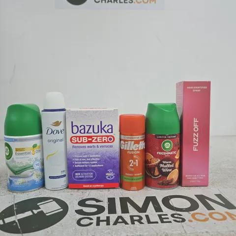 APPROXIMATELY 20 ASSORTED ITEMS INCLUDING FUZZ OFF HAIR IDENTIFIER SPRAY, AIR WICK FRESHMATIC REFILL AND GILETTE SCENTED SHAVE GEL