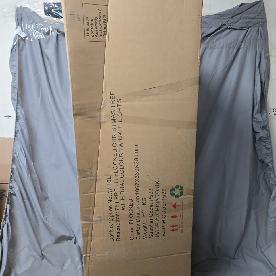 BOXED 7FT DENVER PRE LIT FLOCKED CHRISTMAS TREE WITH DUAL COLOUR TWINKLE LIGHTS