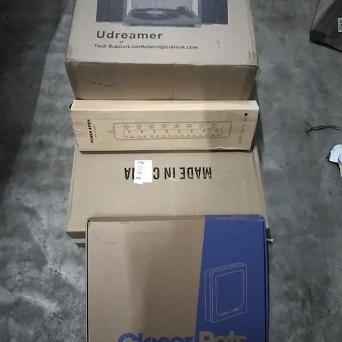 PALLET OF HOUSEHOLD ITEMS TO INCLUDE RECORD PLAYER, POWER STRIP,ALUMINIUM ALLOY TOOL, PET DOOR AND OTHER ASSORTED ITEMS...