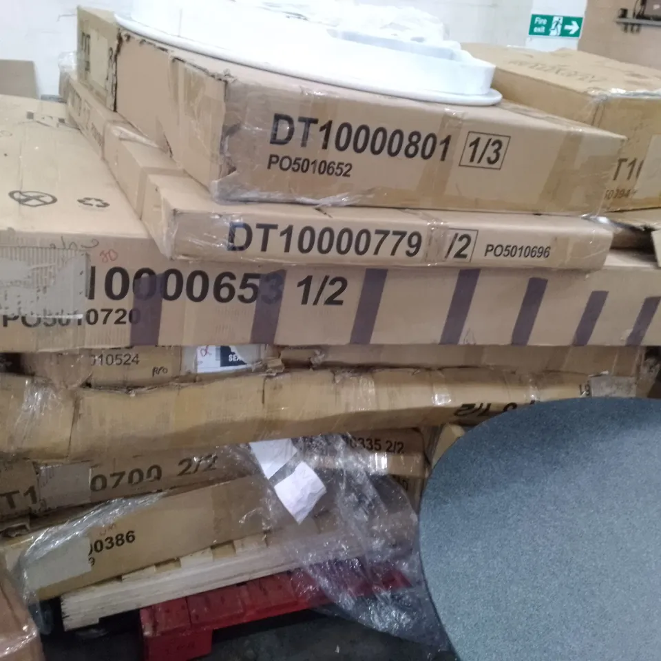 PALLET OF ASSORTED FLAT PACK DINING TABLE PARTS 