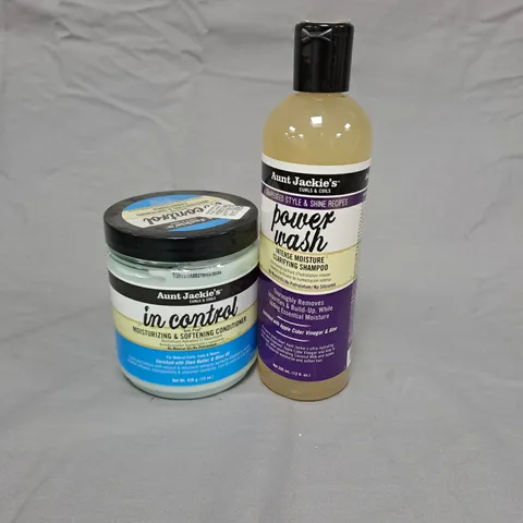 BOX OF 7 OF AUNT JACKIE'S POWER WASH SHAMPOO 355ML X 1 AND IN CONTROL MOISTURIZING CONDITIONER - 426G X 6
