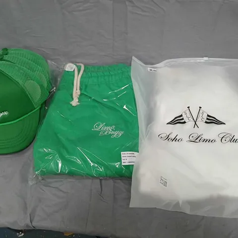 LARGE BOX OF ASSORTED LIMO BOYZ CLOTHING TO INCLUDE SHORTS, PANTS, AND CAPS ETC. 