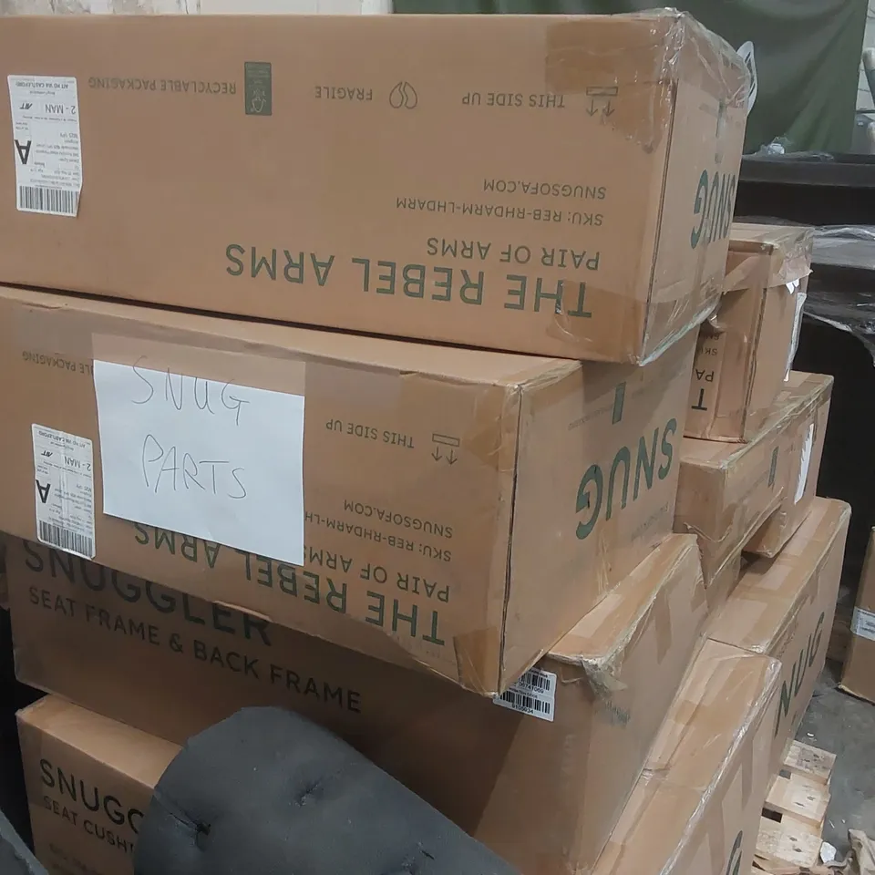 PALLET CONTAINING A LARGE ASSORTMENT OF SNUG SOFA SNUGGLER CHAIR PARTS