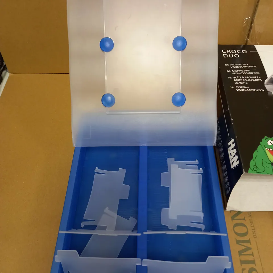 CROCO DUO ARCHIVE AND BUSINESS CARD STORAGE BOX - BLUE/CLEAR PLASTIC