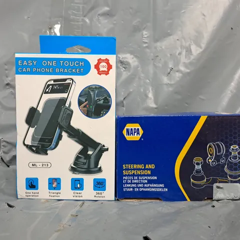APPROXIMATELY 10 ASSORTED CAR PARTS AND ACCESSORY ITEMS TO INCLUDE NAPA STEERING AND SUSPENSION, CAR PHONE BRACKET, ETC