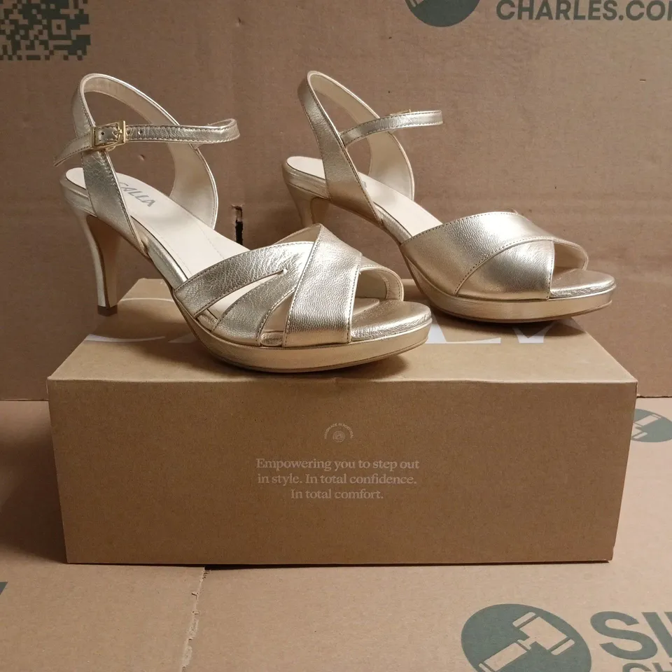 BOXED PAIR OF CALLA EMILY II OPEN TOE STILETTO HEELS IN CHAMPAGNE SIZE EU 39.5