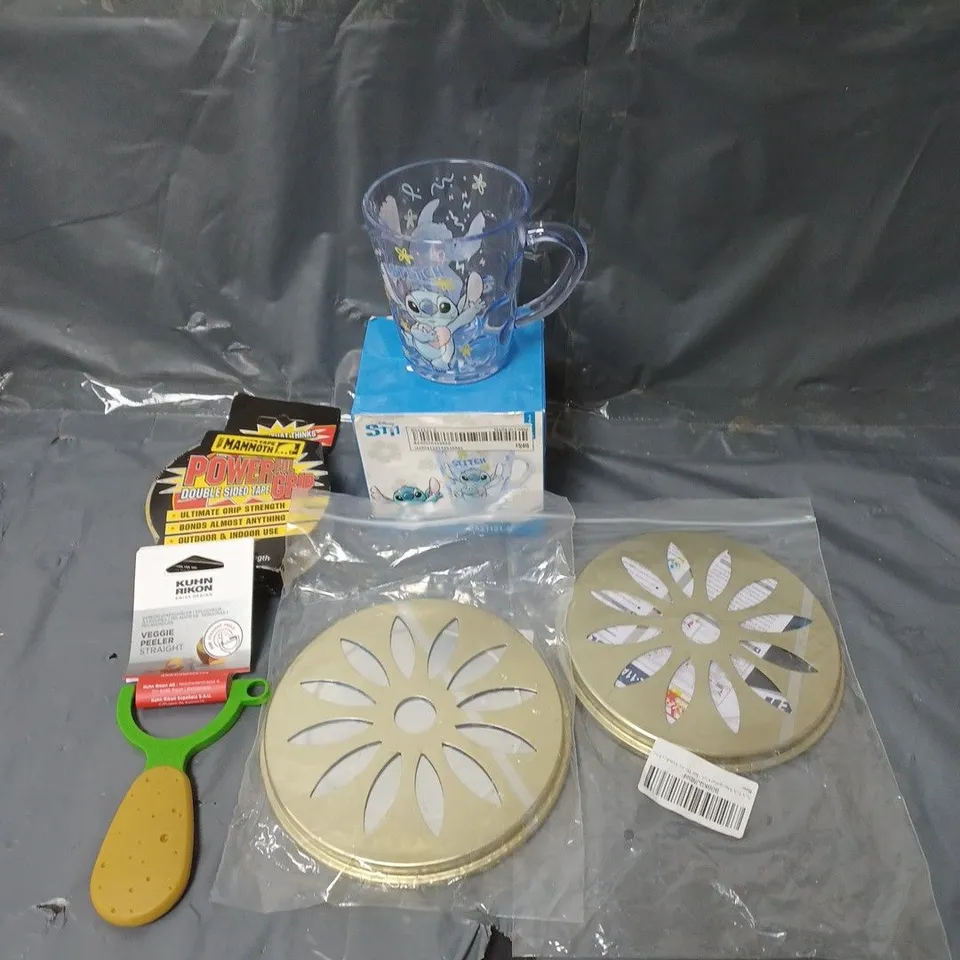 BOX OF APPROXIMATELY 20 ASSORTED HOUSEHOLD ITEMS TO INCLUDE DISNEY STITCH CUP, DOUBLE SIDED TAPE AND MOSQUITO CATCHERS