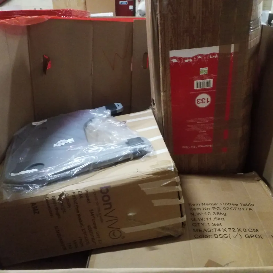 PALLET CONTAINING ASSORTED PRODUCTS INCLUDING HIGH CHAIR, BRIDGE PRO 30L AIR FRYER OVEN, BABY PLAYPEN & COFFEE TABLE