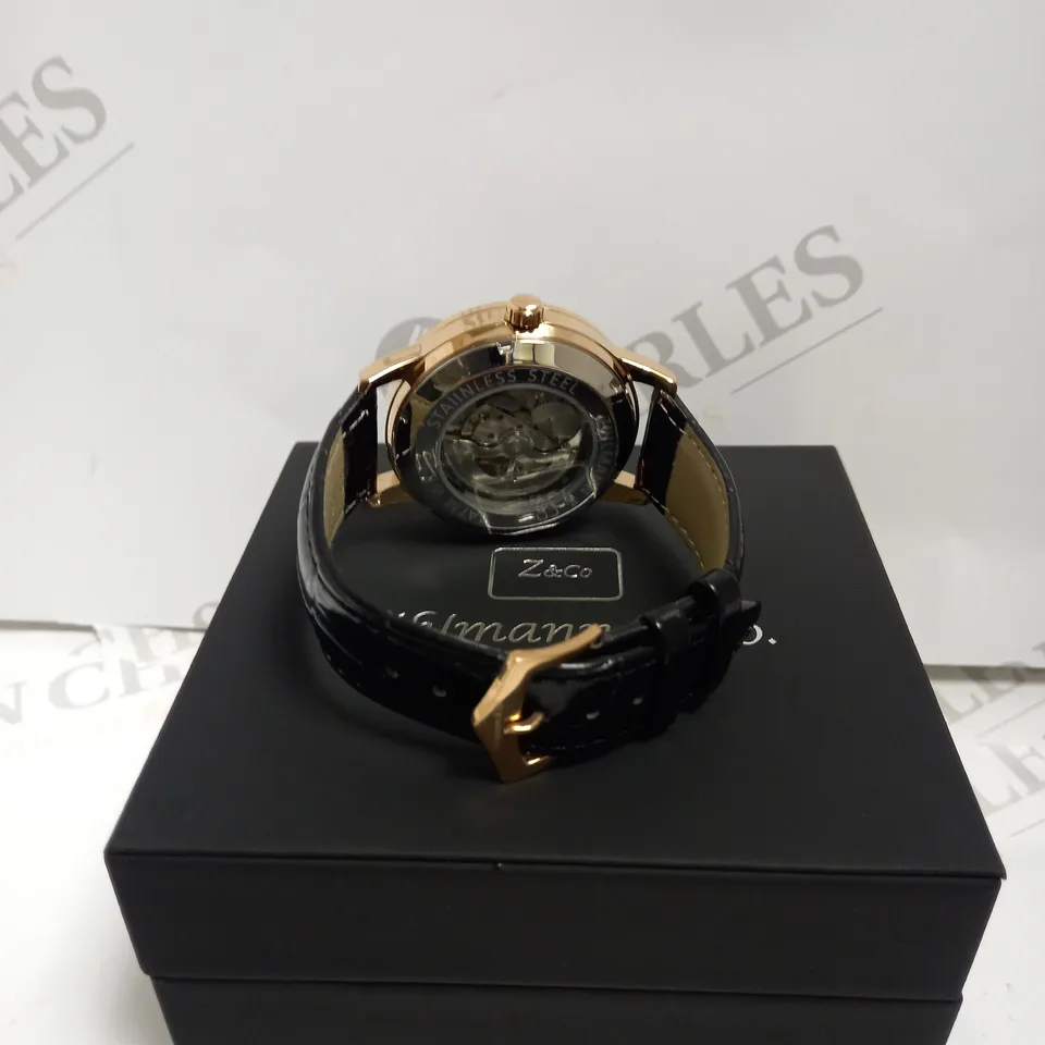 MENS ZIHLMANN & CO AUTOMATIC WATCH - Z210 – SKELETON DIAL – GOLD COLOUR CASE – GENUINE LEATHER CASE – HAND ASSEMBLED. 