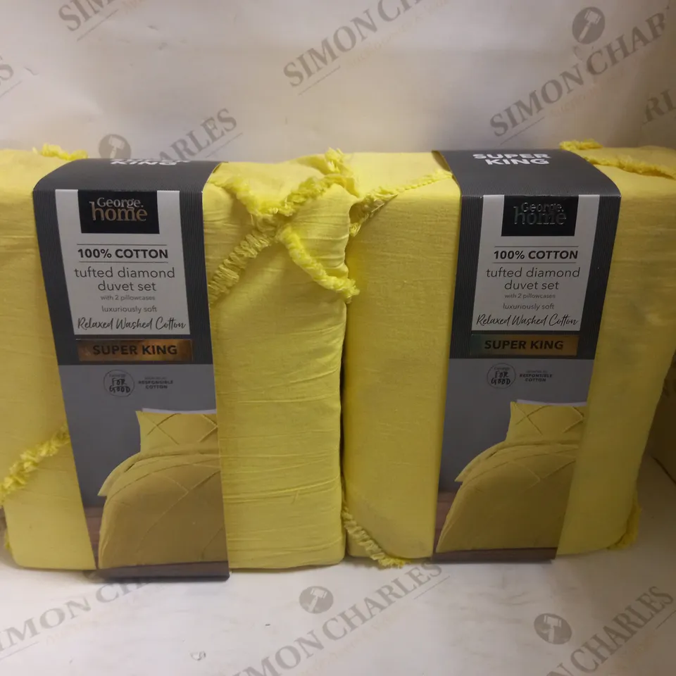 BOX OF 2 SUPER KING GEORGE HOME 100% COTTON TUFTED DIAMOND DUVET SET - YELLOW