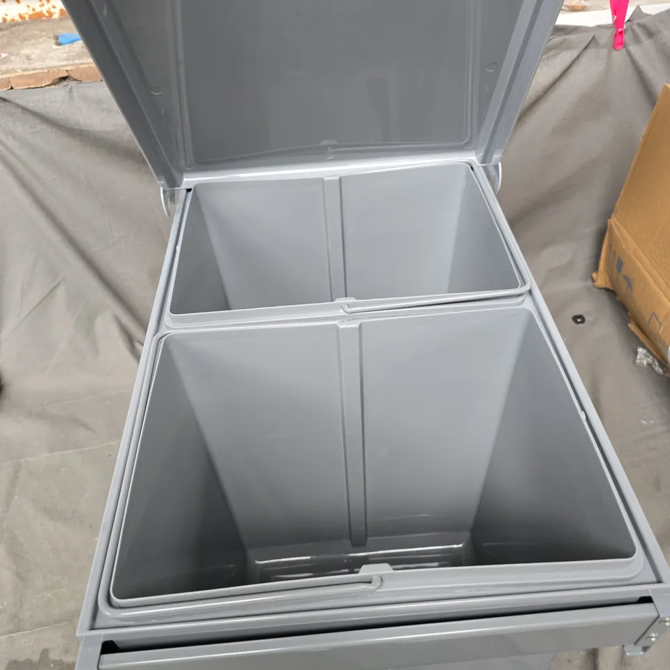 GREY METAL DUAL-BIN STORAGE CABINET WITH LIFT LID